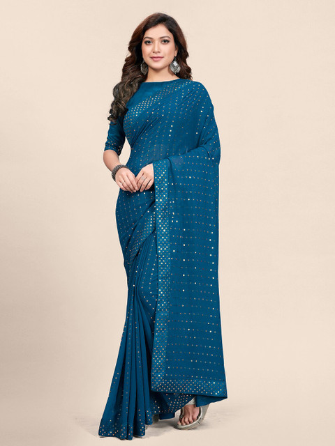 

Granthva Fab Teal Blue & Gold-Toned Sequinned Embellished Saree