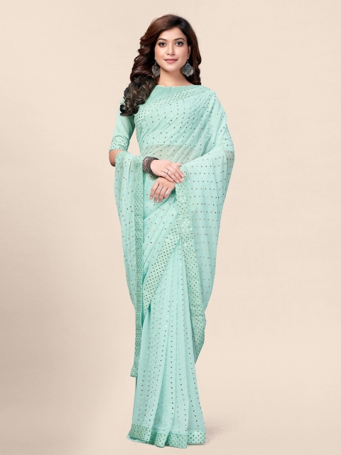 

Granthva Fab Turquoise Blue & Gold-Toned Embellished Sequinned Poly Georgette Saree