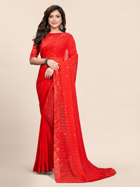 

Granthva Fab Red & Gold-Toned Sequinned Embellished Saree