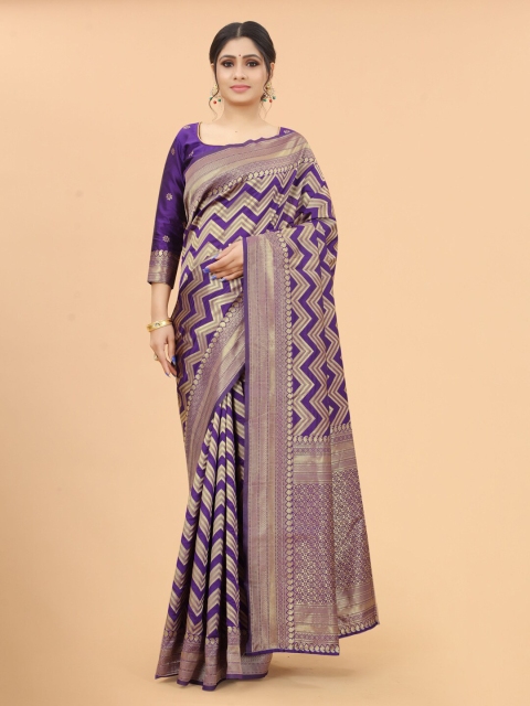 

WELL WORN Purple & Gold-Toned Woven Design Zari Silk Cotton Banarasi Saree