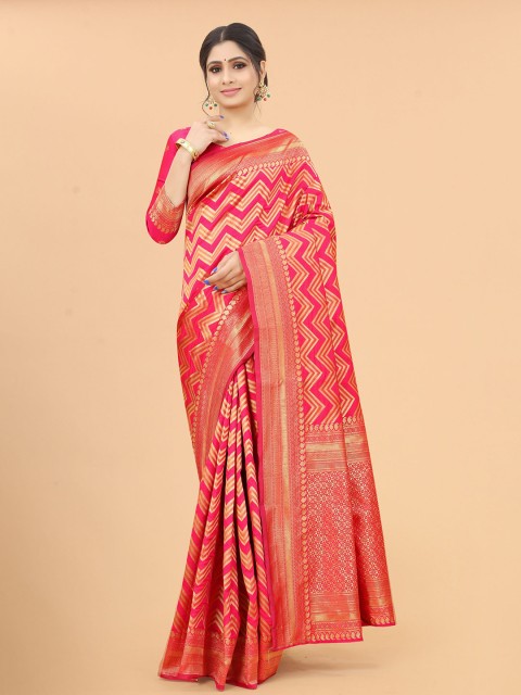 

WELL WORN Women Peach-Coloured & Gold-Toned Woven Design Zari Silk Cotton Banarasi Saree