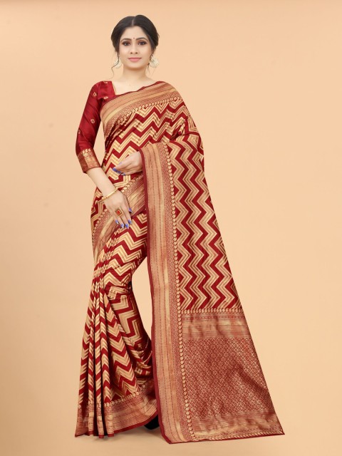 

WELL WORN Maroon & Gold-Toned Woven Design Zari Silk Cotton Banarasi Saree