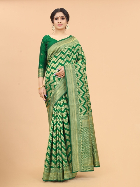 

WELL WORN Green & Gold-Toned Zari Silk Cotton Saree