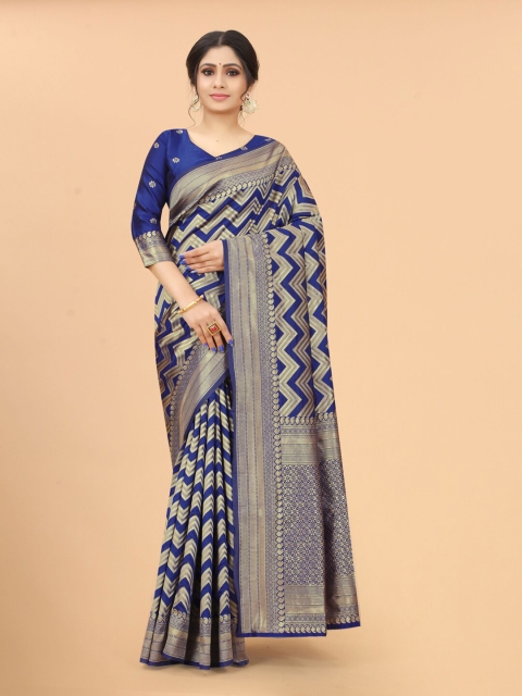 

WELL WORN Blue & Gold-Toned Woven Design Zari Silk Cotton Banarasi Saree