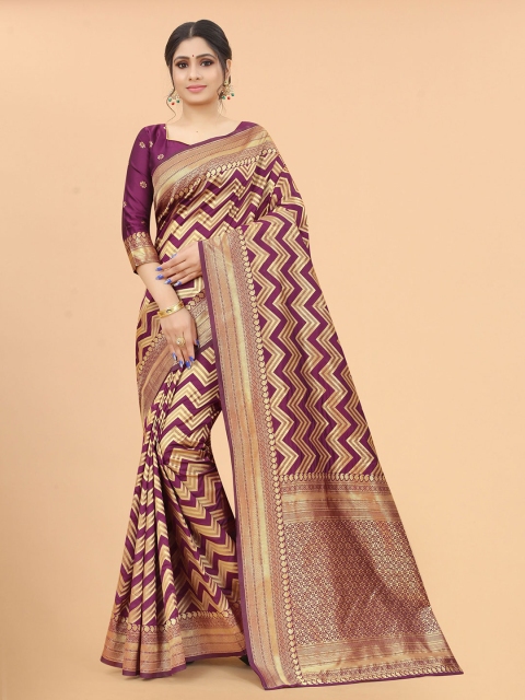 

WELL WORN Purple & Gold-Toned Woven Design Zari Silk Cotton Banarasi Saree