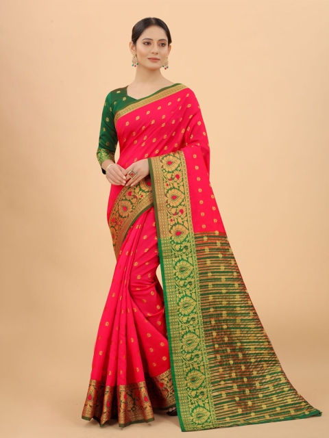 

WELL WORN Pink & Green Woven Design Zari Silk Cotton Ready to Wear Banarasi Saree