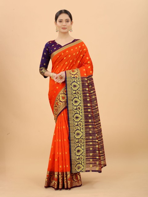 

WELL WORN Orange & Purple Woven Design Zari Silk Cotton Ready to Wear Banarasi Saree