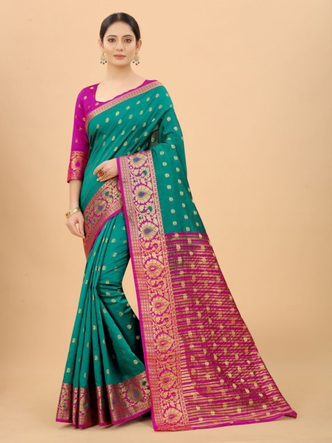 

WELL WORN Green & Pink Woven Design Zari Silk Cotton Banarasi Saree, Blue