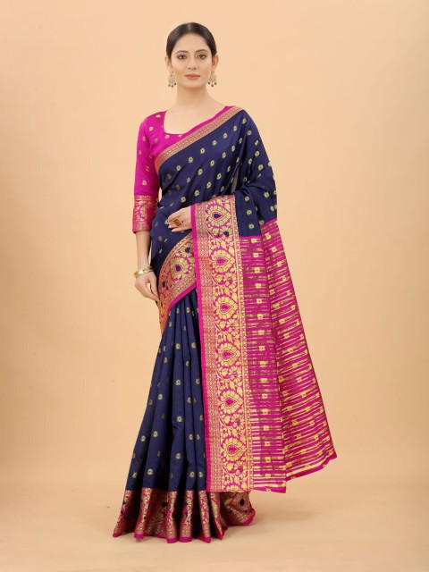 

WELL WORN Navy Blue & Gold-Toned Woven Design Zari Silk Cotton Ready to Wear Banarasi Saree
