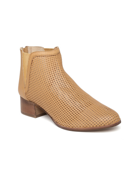 

Carlton London Women Tan Brown Leather Heeled Boots with Cut-Out Detail