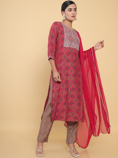 

Soch Women Red Floral Panelled Thread Work Kurta with Trousers & With Dupatta