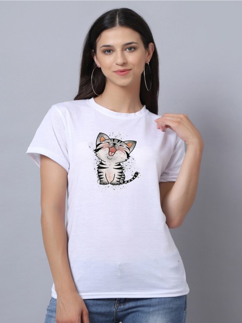 

UnaOne Women White Printed Raw Edge Slim Fit T-shirt