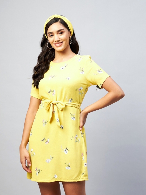 

DELAN Yellow Floral Crepe A-Line Dress