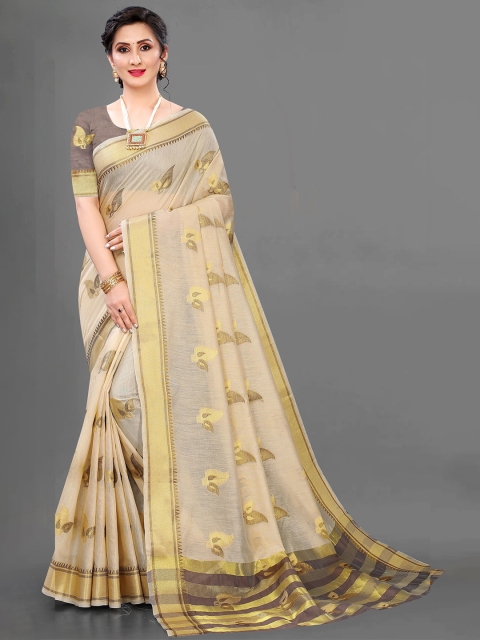 

RUHI FASHION Beige & Gold-Toned Woven Design Zari Pure Cotton Banarasi Saree