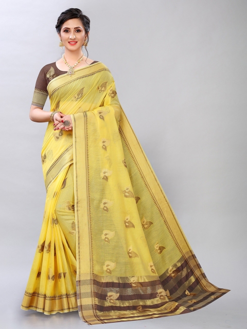 

RUHI FASHION Yellow & Brown Paisley Zari Pure Cotton Banarasi Saree