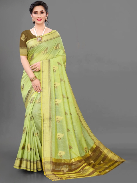 

RUHI FASHION Green & Brown Woven Design Zari Pure Cotton Banarasi Saree