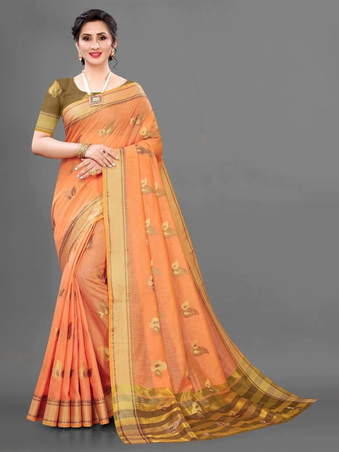 

RUHI FASHION Orange & Gold-Toned Ethnic Motifs Zari Pure Cotton Banarasi Saree