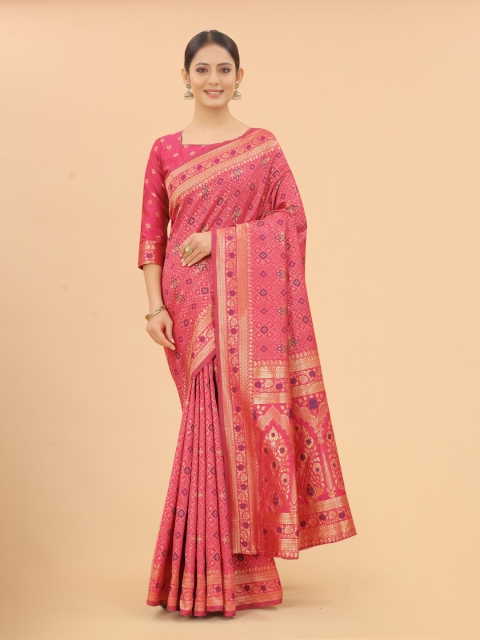 

WELL WORN Pink & Gold-Toned Woven Design Zari Silk Cotton Ready to Wear Banarasi Saree