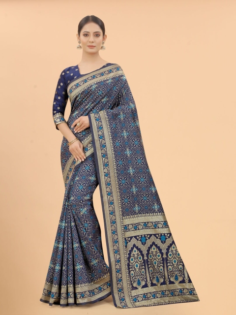 

WELL WORN Navy Blue & Gold-Toned Woven Design Zari Silk Cotton Banarasi Saree