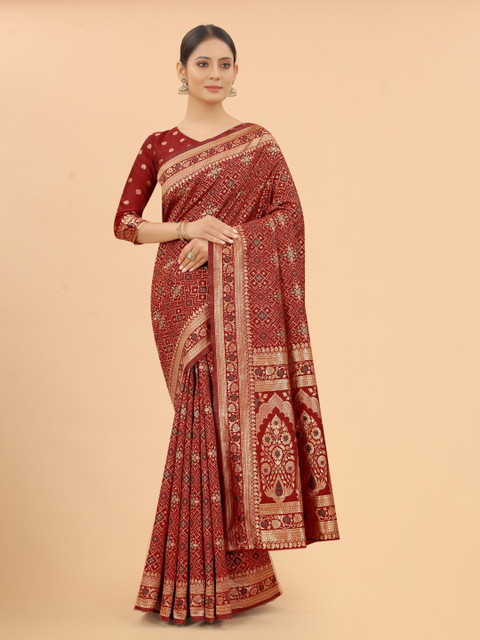 

WELL WORN Maroon & Gold-Toned Woven Design Zari Silk Cotton Ready to Wear Banarasi Saree