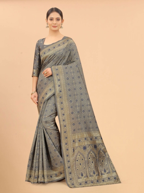 

WELL WORN Grey & Gold-Toned Ethnic Motifs Zari Silk Cotton Banarasi Saree