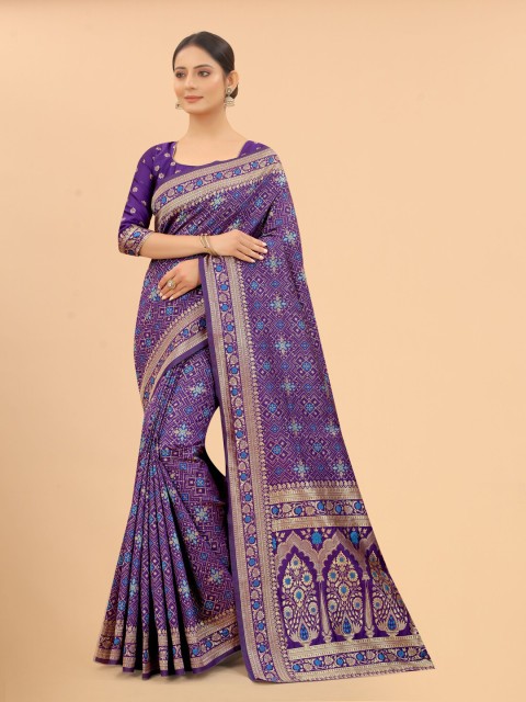

WELL WORN Purple & Gold-Toned Ethnic Motifs Zari Silk Cotton Banarasi Saree