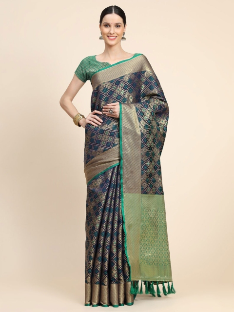 

KALANANDI Navy Blue & Green Woven Design Zari Silk Blend Patola Saree