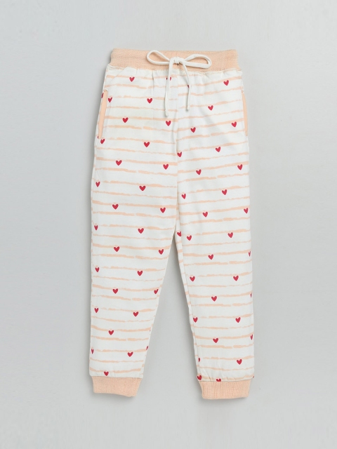 

Olio Kids Infant Girls Peach-Colored & White Printed Pure Cotton Jogger