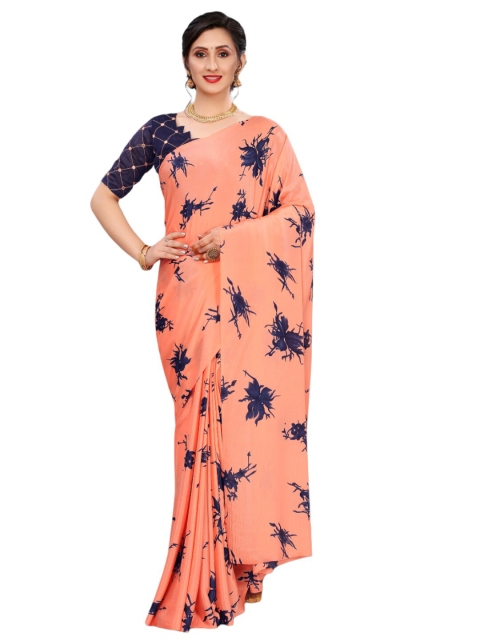 

VSaree Peach-Coloured & Blue Floral Pure Silk Block Print Saree