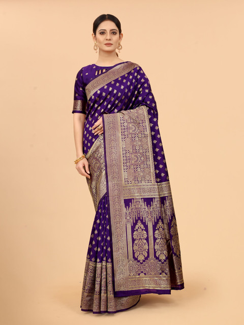 

WELL WORN Purple & Gold-Toned Woven Design Zari Silk Cotton Ready to Wear Banarasi Saree