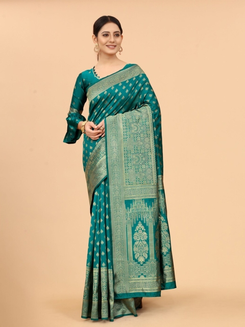 

WELL WORN Green & Gold-Toned Woven Design Zari Silk Cotton Ready to Wear Banarasi Saree