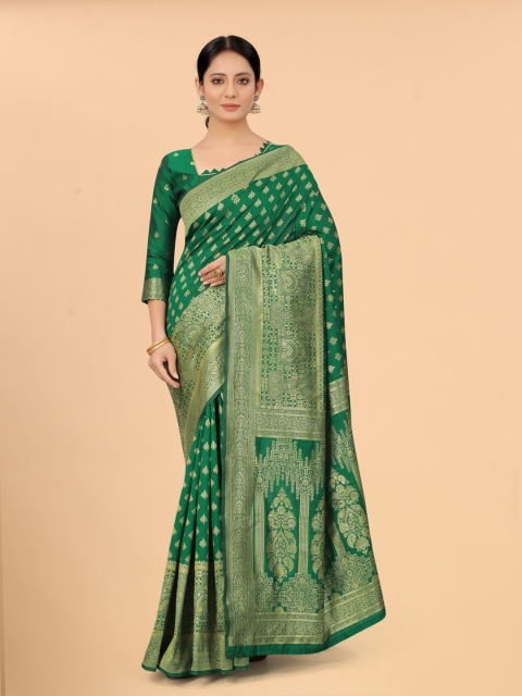 

WELL WORN Green & Gold-Toned Woven Design Zari Silk Cotton Ready to Wear Banarasi Saree