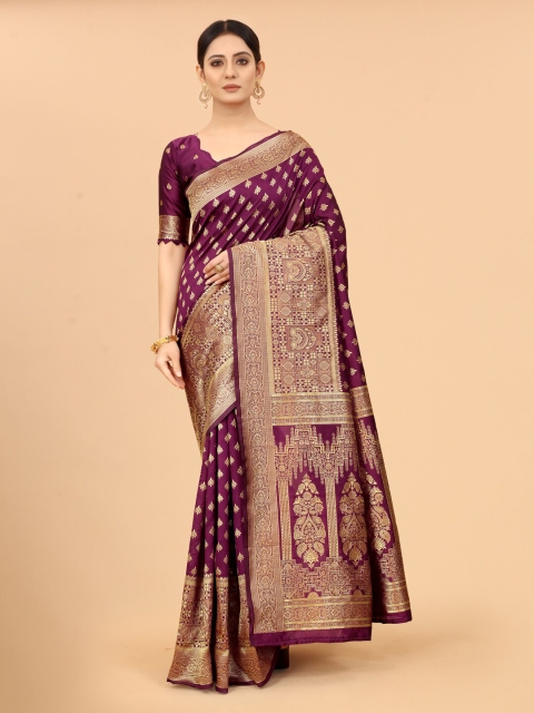 

WELL WORN Burgundy & Gold-Toned Woven Design Zari Silk Cotton Ready to Wear Banarasi Saree