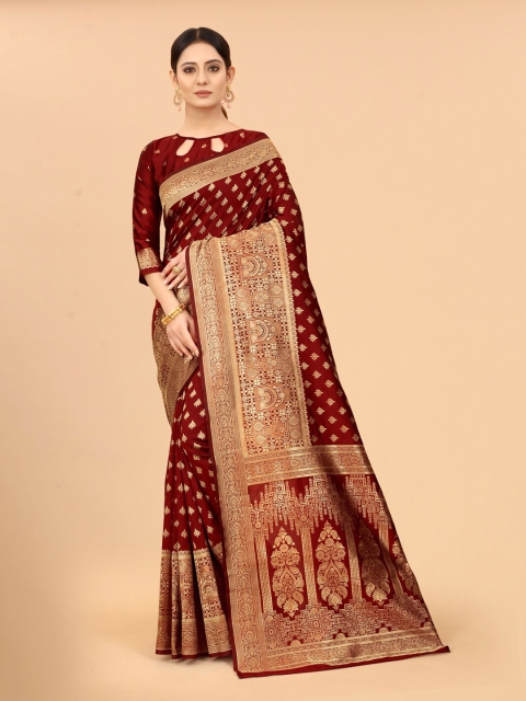 

WELL WORN Maroon & Gold-Toned Woven Design Zari Silk Cotton Banarasi Saree