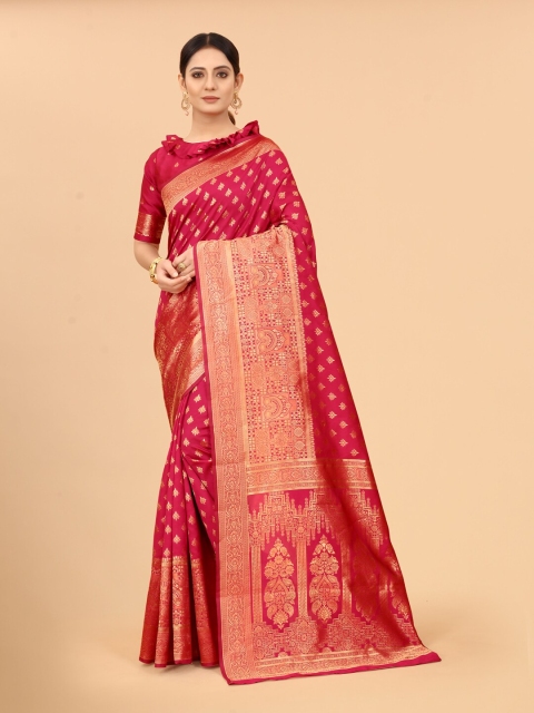 

WELL WORN Pink & Gold-Toned Woven Design Zari Silk Cotton Ready to Wear Banarasi Saree