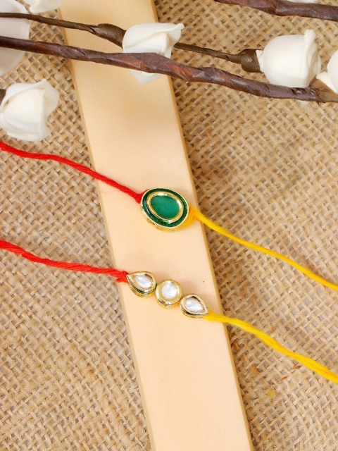 

Crunchy Fashion Set Of 2 Gold-Toned White Kundan Studded Thread Rakhi