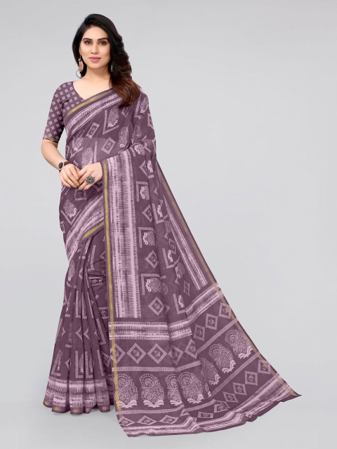 

KALINI Magenta & Gold-Toned Floral Zari Block Print Saree