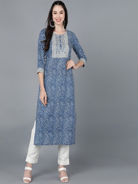 

Pikasha Women Navy Blue Printed Gotta Patti Anarkali Kurta