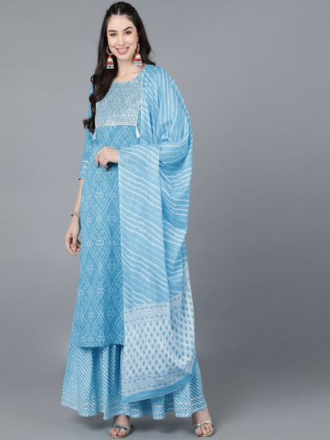 

Pikasha Women Blue Bandhani Printed Pure Cotton Kurta with Sharara & With Dupatta