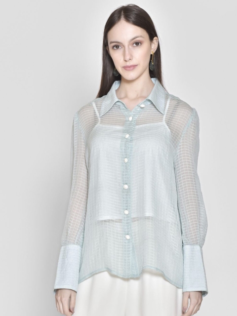 

250 DESIGNS Women Blue Sheer Striped Casual Shirt