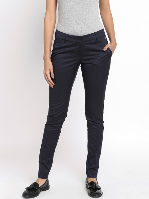 

Park Avenue Woman Navy Tapered Fit Solid Trousers, Navy blue