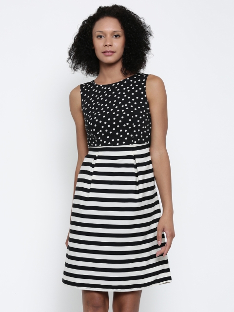 

Park Avenue Woman Black & Off-White Striped Fit & Flare Dress