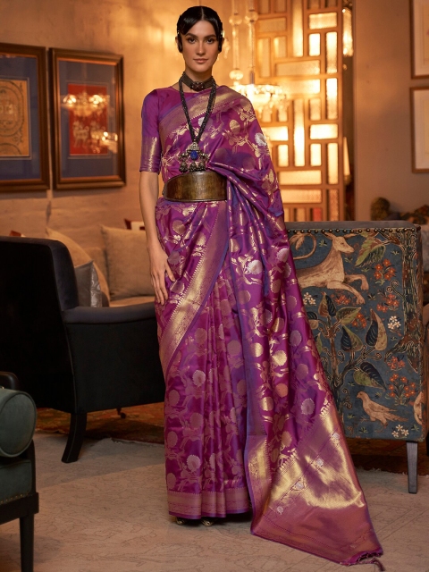 

Mitera Purple & Gold-Toned Woven Design Zari Silk Blend Banarasi Saree