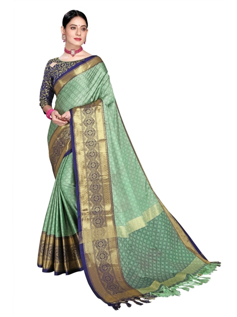 

M Venture Olive Green & Navy Blue Floral Zari Pure Cotton Dharmavaram Saree