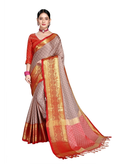 

M Venture Peach-Coloured & Gold-Toned Woven Design Zari Pure Cotton Dharmavaram Saree