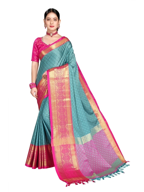 

M Venture Blue & Pink Floral Zari Pure Cotton Dharmavaram Saree