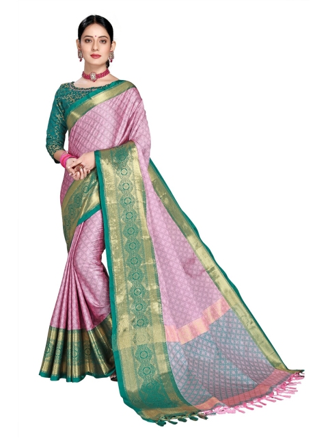 

M Venture Pink & Gold-Toned Woven Design Zari Pure Cotton Dharmavaram Saree