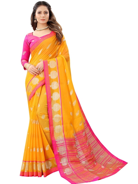 

Dhyey Fashion Mustard & Pink Ethnic Motifs Zari Silk Cotton Banarasi Saree