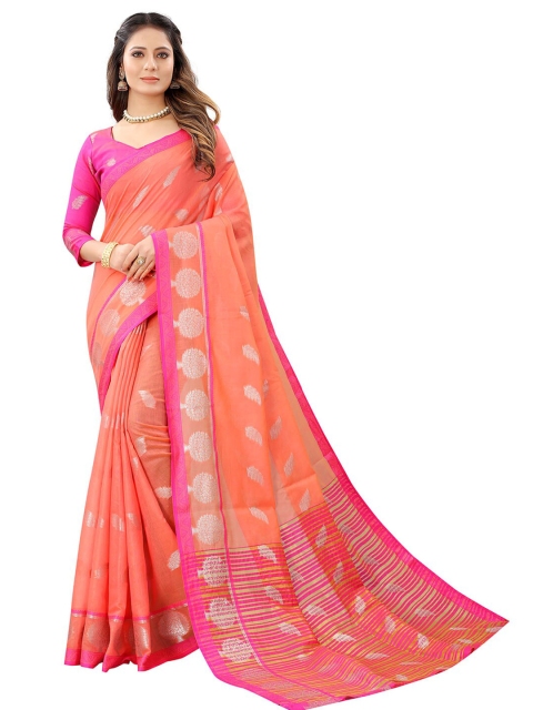 

Dhyey Fashion Peach-Coloured & Pink Woven Design Zari Silk Cotton Banarasi Saree