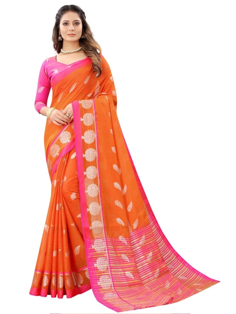 

Dhyey Fashion Orange & Pink Ethnic Motifs Zari Silk Cotton Banarasi Saree